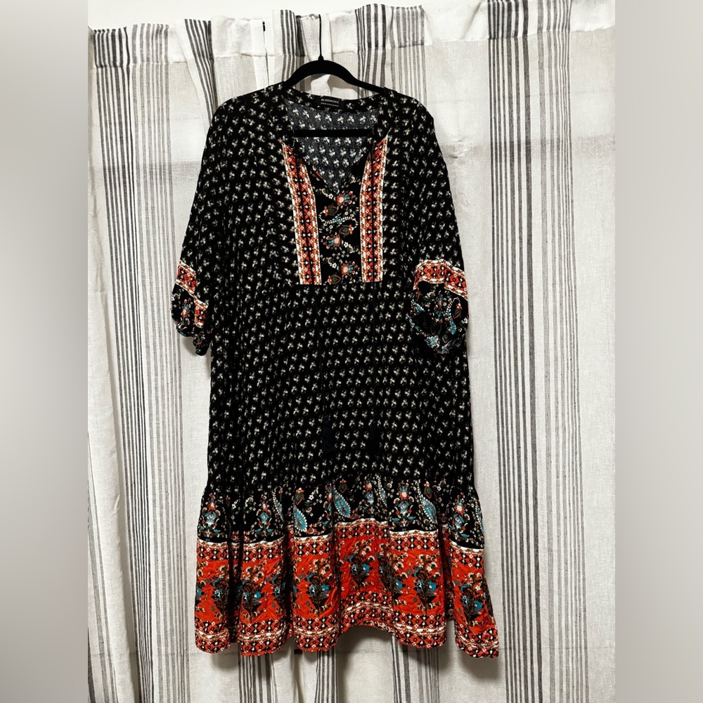 BloomChic Black Midi Dress with Red and Teal Paisley Accents